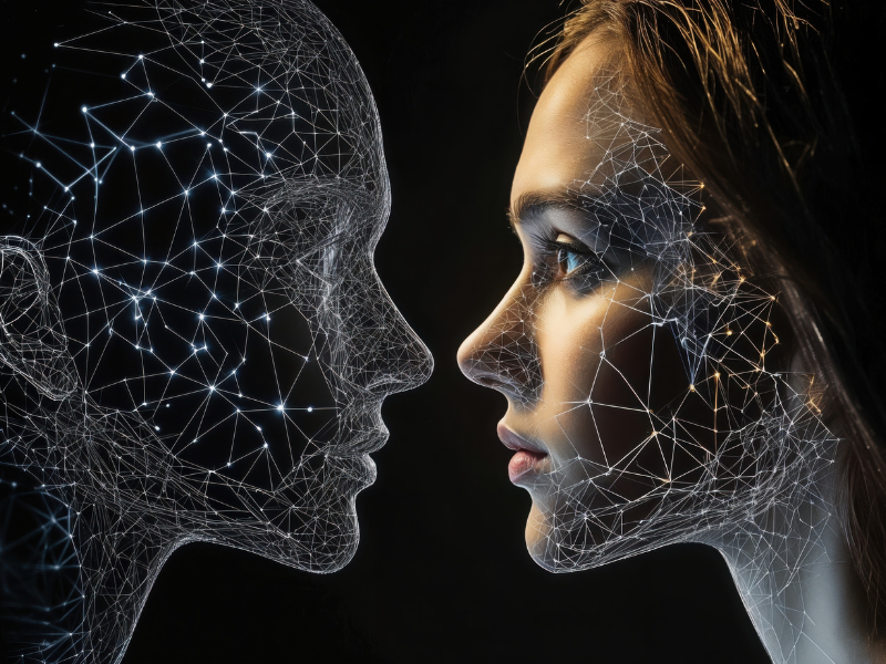 A woman's face, with digital lines, faces a digital human silhouette in a dark setting. Bright dots connect the lines, creating a futuristic feel.
