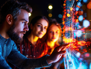 Three people focus on a glowing, futuristic touchscreen with colorful data and graphics in a dark setting, creating a high-tech atmosphere.