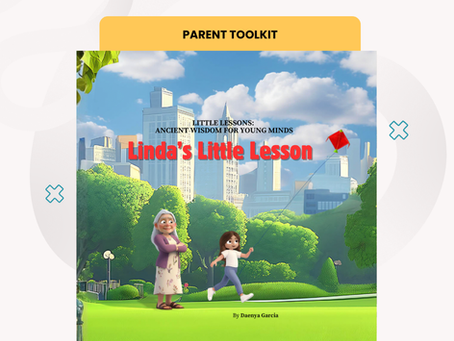 Grandmother and child fly a red kite in a park, with a city skyline in the background. Text: Linda's Little Lesson by Daenya Garcia.