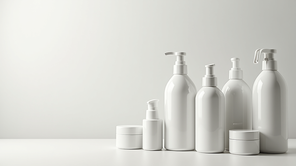 Close-up view of skincare bottles arranged neatly on a white surface