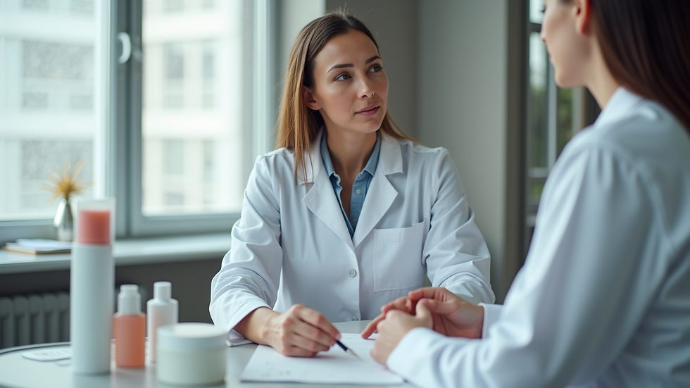 Eye-level view of a dermatologist consulting a patient with skincare products on the table