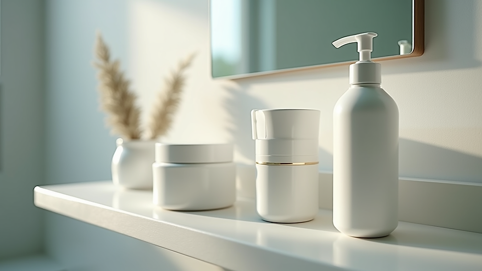 Eye-level view of skincare products arranged neatly on a bathroom shelf