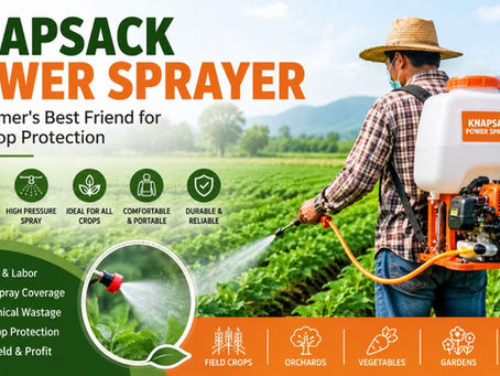 Farmer using a knapsack power sprayer in a green agricultural field to spray crops, demonstrating efficient crop protection and modern farming practices.
