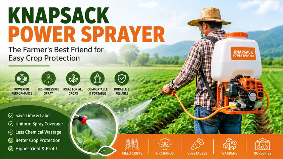 Farmer using a knapsack power sprayer in a green agricultural field to spray crops, demonstrating efficient crop protection and modern farming practices.