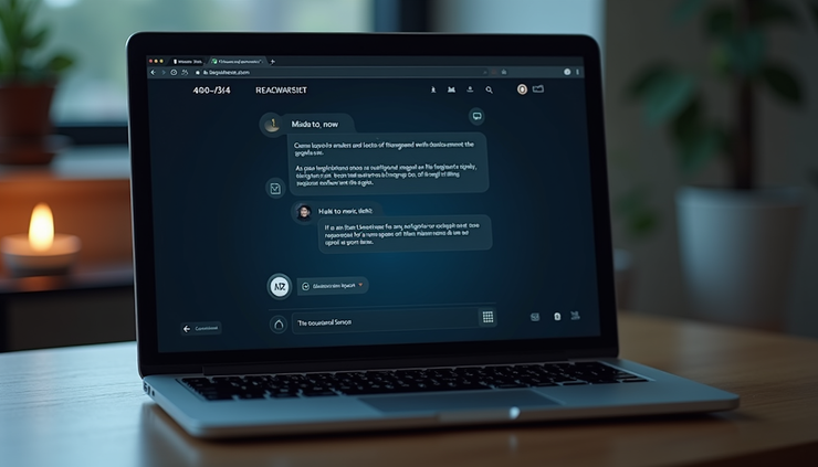Eye-level view of a laptop screen showing a dark-themed AI chatbot interface on a Wix website