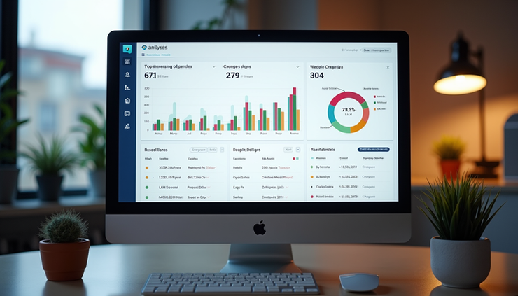 Eye-level view of a computer screen showing a Wix analytics dashboard with charts and data tables