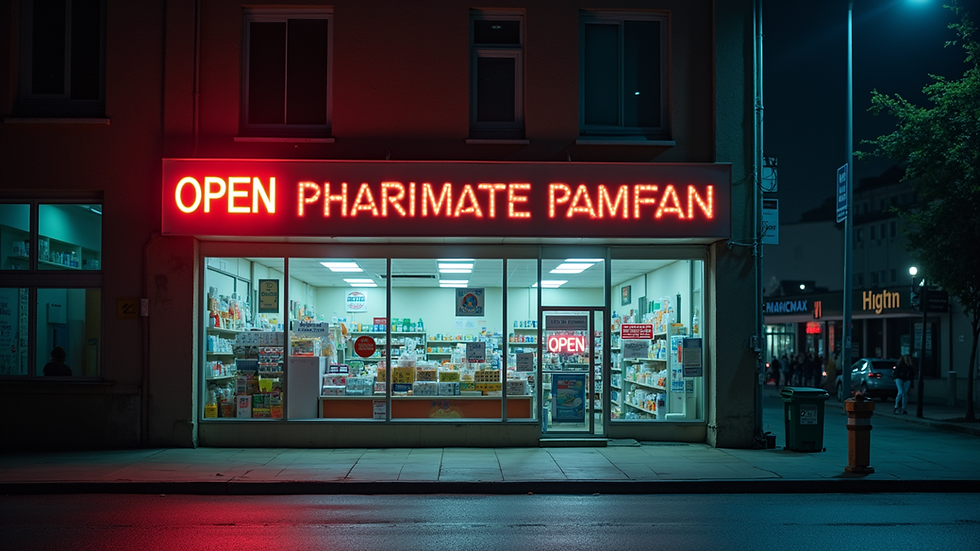 Eye-level view of a pharmacy storefront with bright open sign at night