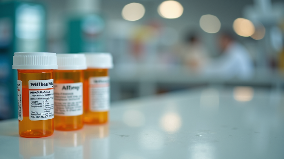 Close-up view of prescription bottles and a pharmacy label on a counter