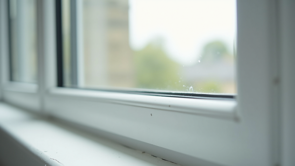 Close-up view of a white vinyl window frame with clear glass