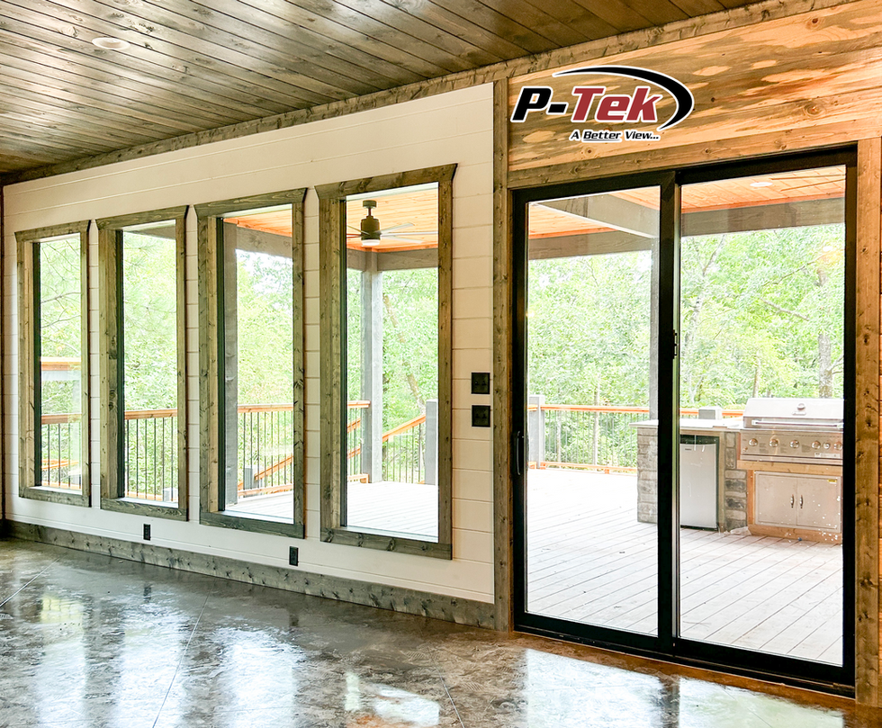 Modern interior with residential windows, sliding door, P-Tek logo