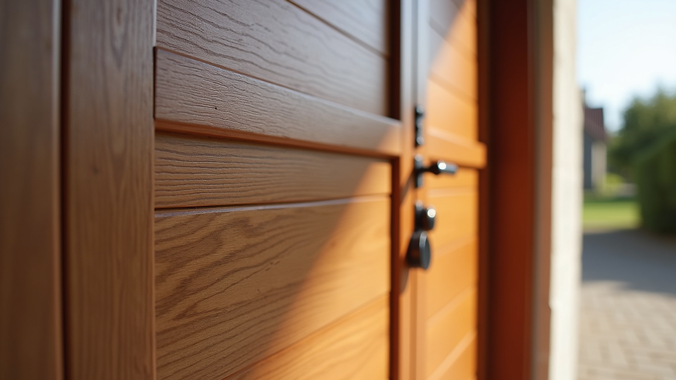 Close-up view of a fiberglass outdoor door with wood grain texture