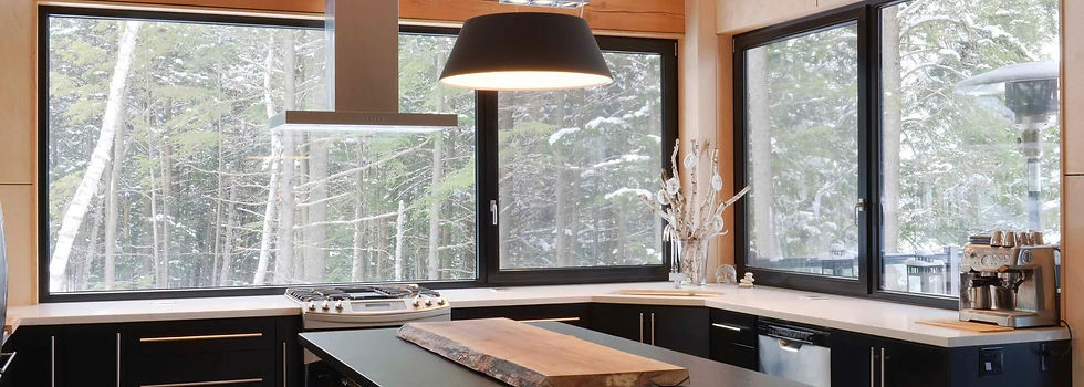 Contemporary kitchen featuring a large island and expansive forest alura european windows.