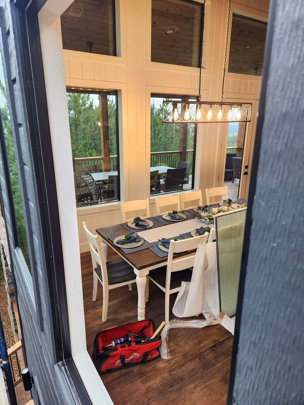 Modern dining room interior seen through new windows