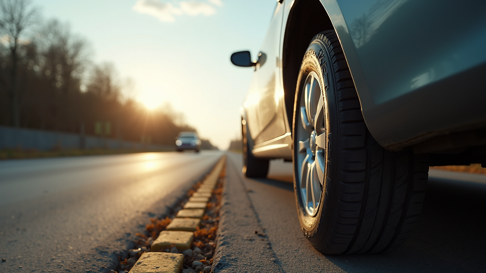 High angle view of a car with a flat tire on the roadside