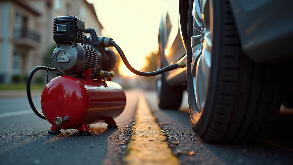 Eye-level view of a mobile air compressor inflating a car tire on the roadside