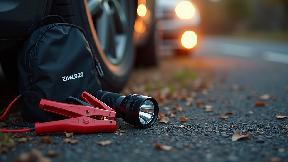Close-up view of a roadside emergency kit with jumper cables and flashlight