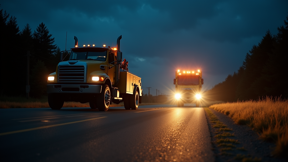 Eye-level view of a tow truck arriving at a roadside vehicle at night