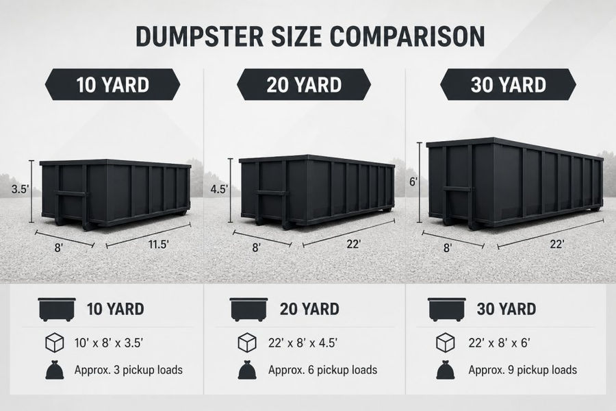 A side-by-side comparison of a 10-yard, 20-yard, and 30-yard dumpster container placed on a gravel lot, showing the relative size differences