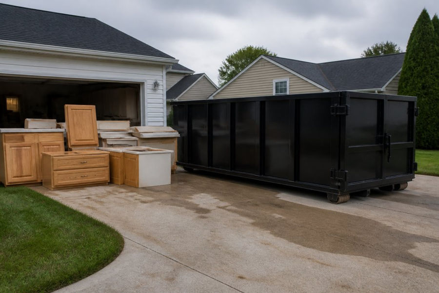 A 10-yard roll-off dumpster sitting on a residential driveway with old kitchen cabinets and a dismantled countertop stacked beside it, suburban home in background, overcast daylight