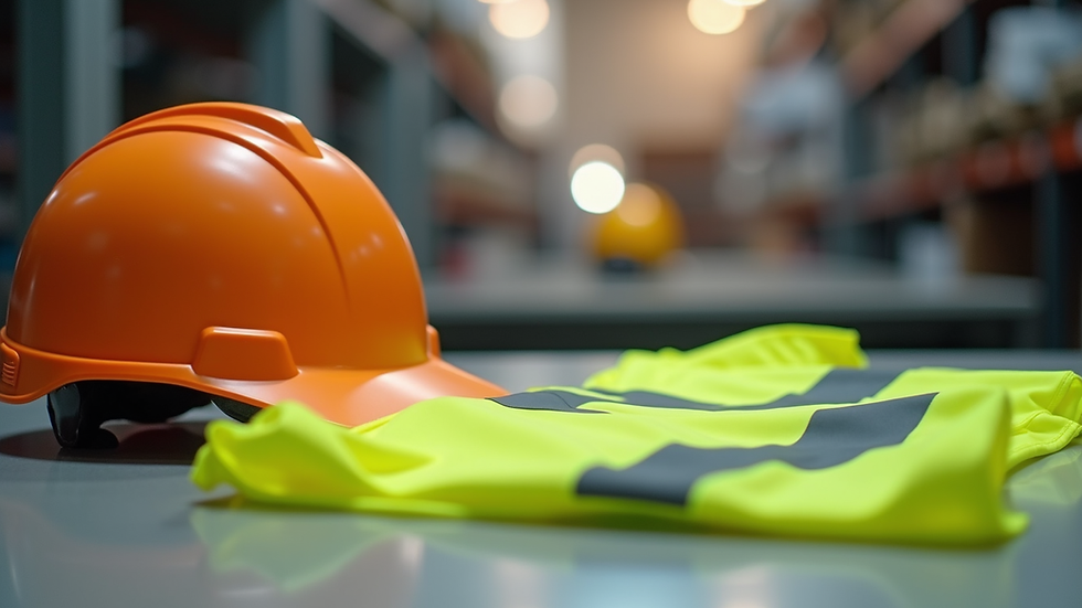 Close-up view of a safety helmet and reflective vest laid out on a table