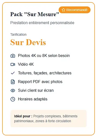 Tarification Pack sur Mesure d'une inspection de toiture par drone, prix sur devis, Photos 4k, Vidéo 4k, Toiture et Gouttières, Idéal contrôle rapide de toiture et gouttière pour agence immobilière à clermont ferrand par dronéclat, entièrement personnalisable