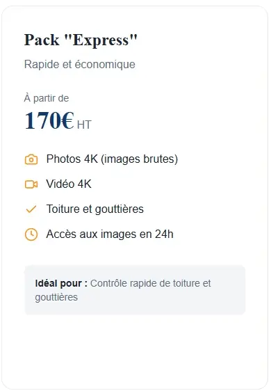 Pacxk Express d'une inspection par drone, à partir de 170€ HT, Rapide et économique à Clermon ferrand pour artisan couvreur.