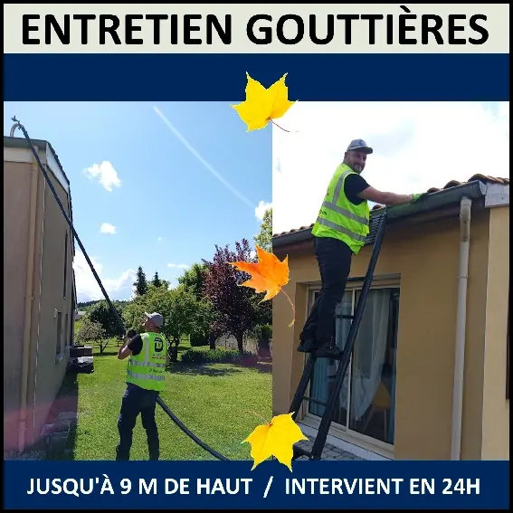 Ensemble de deux photos montrant Sylvain de Chez Dronéclat en train de nettoyer des gouttières en Auvergne à l'aide de son matériel d'aspiration 10 mètres de hauteur.
