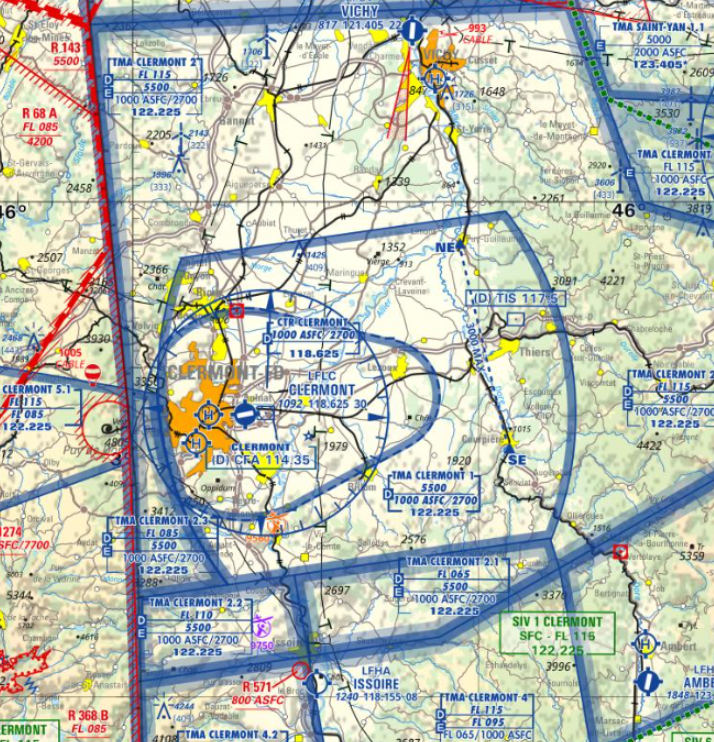 Carte OACI de la zone d'intervention autour de maringues, Riom, Clermont-ferrand, issoire, Lezoux, Cournon