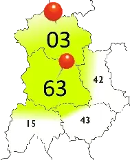 Image représentant les départements du 63 et 03 où Dronéclat intervient pour ses prestations d'inspection et nettoyage par drone.