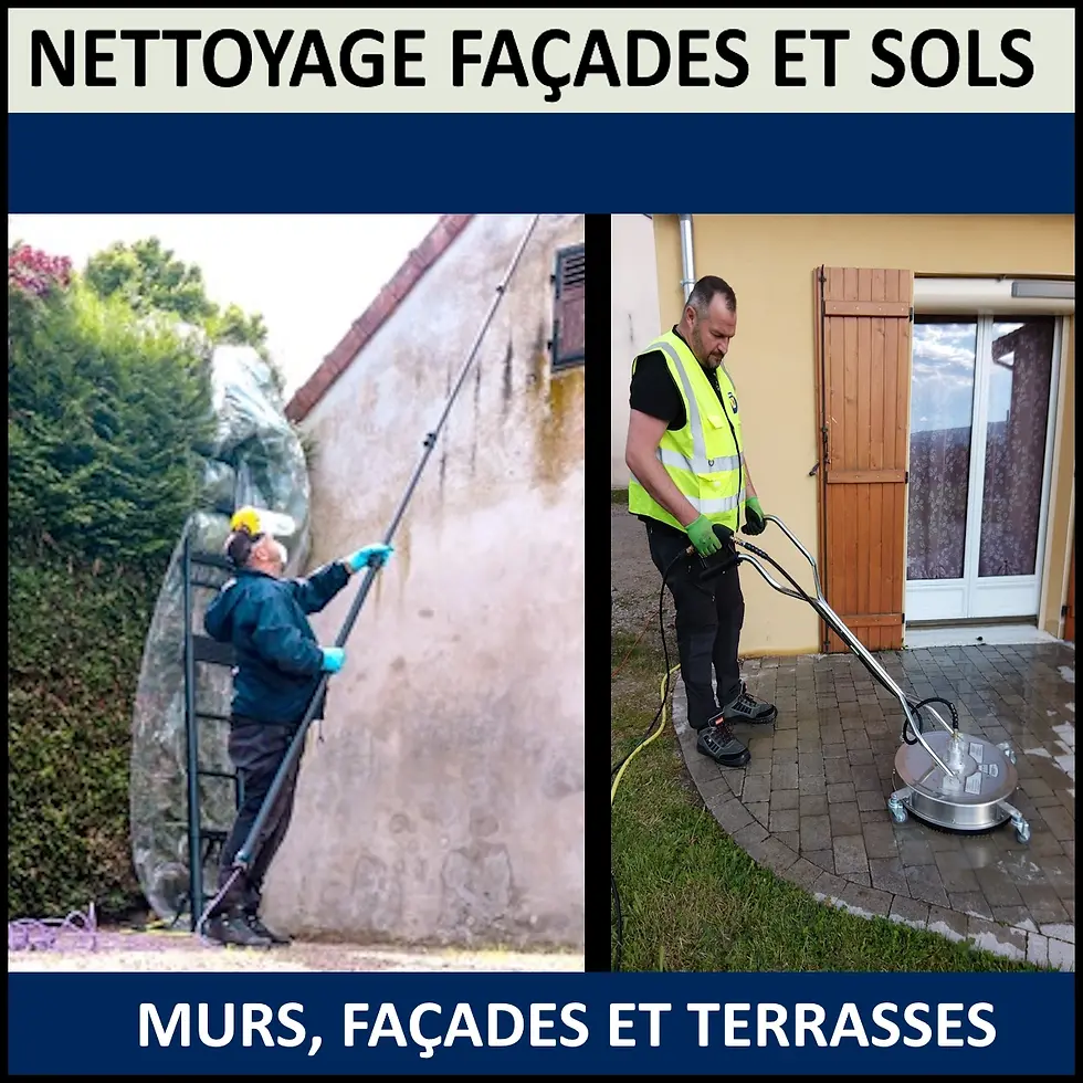 Ensemble de deux photos de Sylvain de Dronéclat en tran de nettoyer une façade à l'aide d'une perche spéciale et en train de nettoyer une terrasse à l'aide de son matériel spécial terrasses et sols extérieurs en Auvergne.