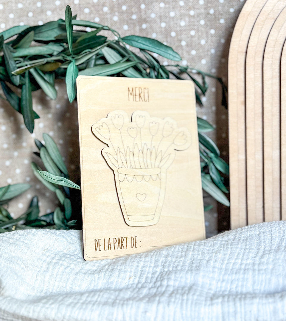 Carte à colorier en bois – "Merci" spécial maîtresse, atsem ou nounou