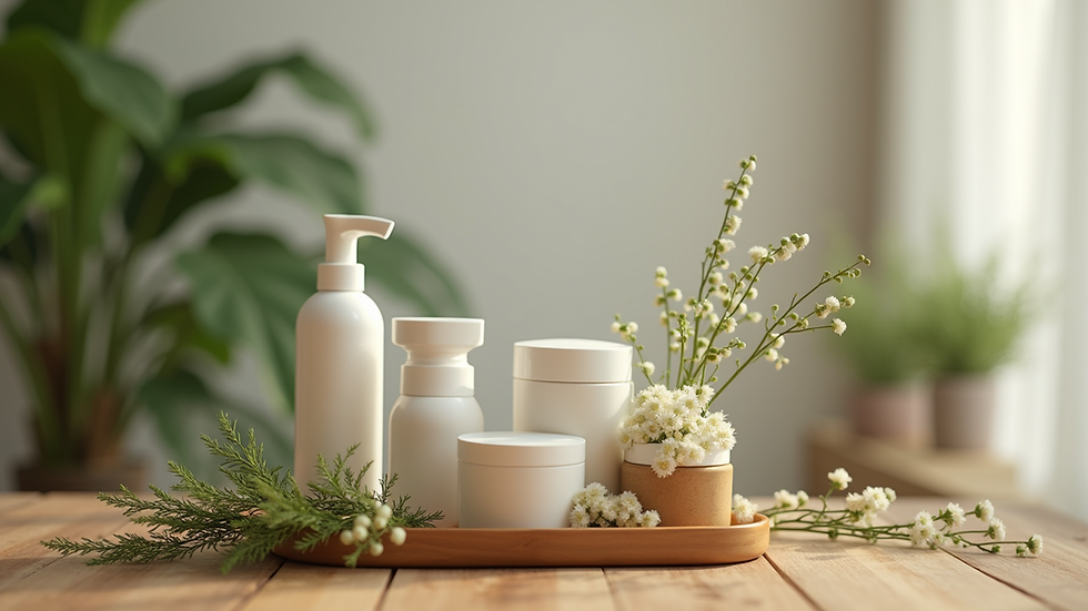 Close-up view of a plant-based skincare set arranged on a wooden surface
