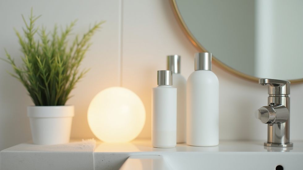 Eye-level view of a serene bathroom shelf with skincare products and a small plant