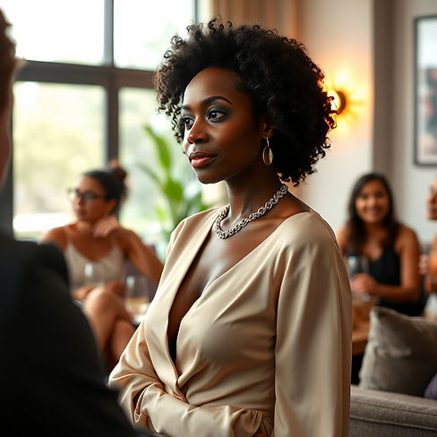 Elegant woman with afro wearing a dress and a necklace, looking towards left.