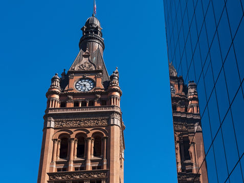 Photogrpah from street view of the top of the Milwaukee City hall clock tower