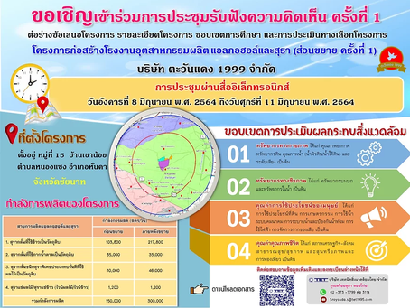 ขอเชิญเข้าร่วมประชุมรับฟังความคิดเห็นของประชาชน (ครั้งที่ 1) โรงงานอุตสาหกรรม บจก.ตะวันแดง 1999