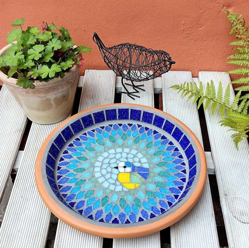 A mosaic bird bath made in a garden terracotta saucer with a bluetit design in the centre of a splash design in blues and sea green tiles.