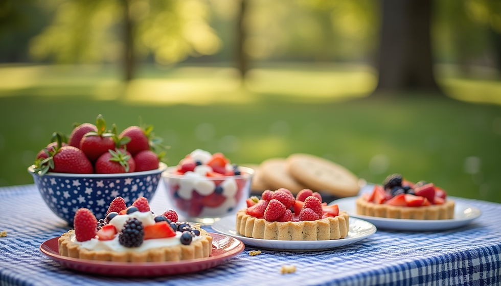 Eye-level view of a picnic spread with patriotic-themed snacks and desserts on a wooden table