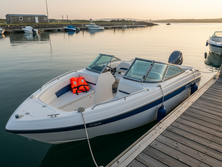 Wide-angle view of a small recreational boat tied safely at a quiet marina.