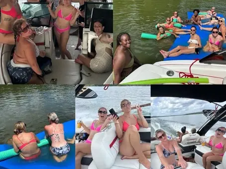 People on a boat and floating in a lake, wearing swimwear. Cheerful mood with peace signs. Bright colors and clear water in background.
