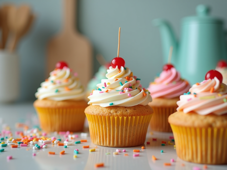 Eye-level view of colorful cupcakes decorated with sprinkles and icing on a kitchen counter