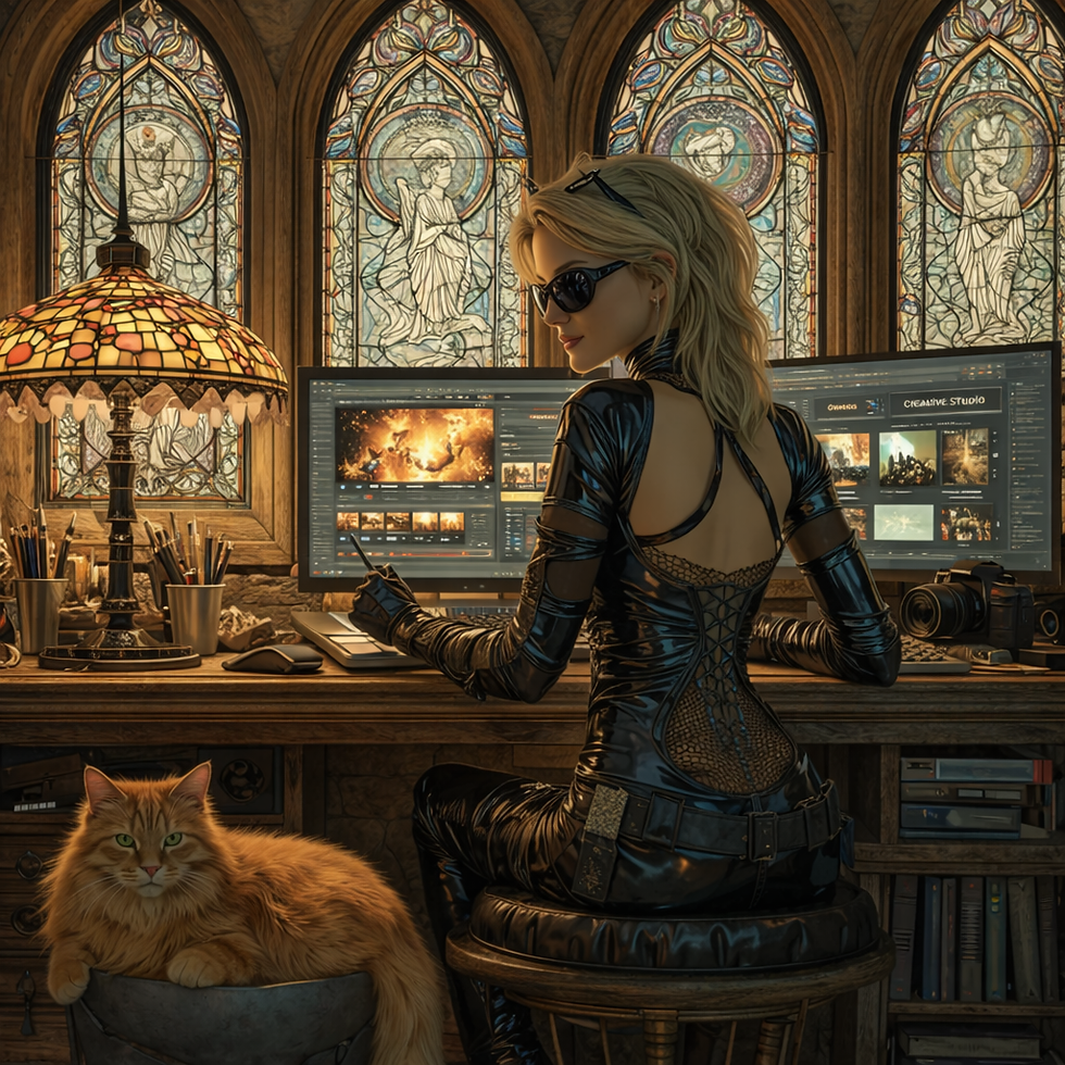 Woman in black outfit working at a computer in a room with stained glass windows. A cat sits nearby. Warm, creative atmosphere.