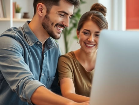 Smiling man and woman looking at a computer screen in an office setting. Bright, relaxed atmosphere with plants in the background.