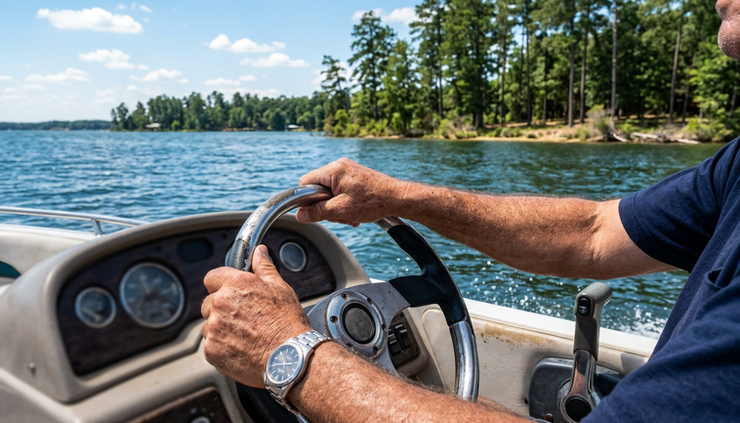Close-up view of a captain steering a boat across Lake Conroe