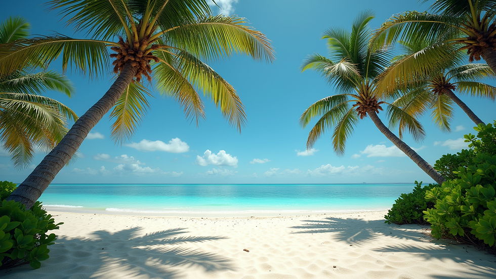 Wide angle view of a serene beach with turquoise waters and palm trees