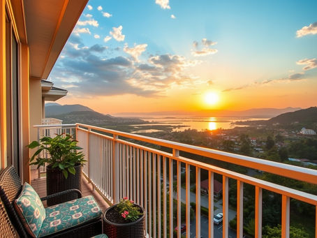 Sunset view from balcony with two wicker chairs and plants. Vibrant sky reflects on distant water. Calm, serene mood.