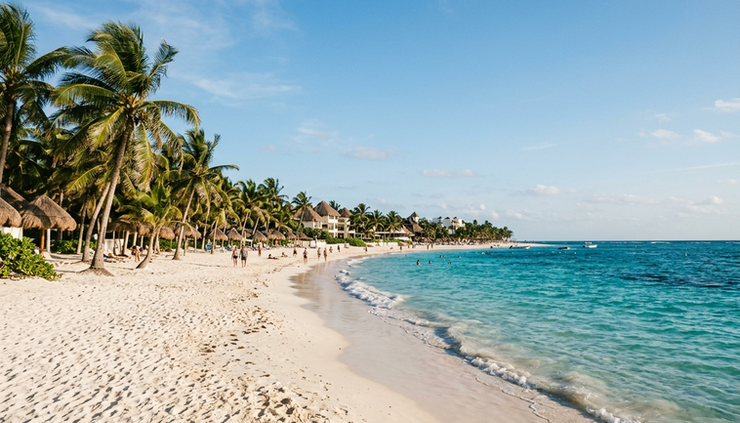Wide-angle view of a sunny Mexican beach with turquoise water and resort buildings in the distance