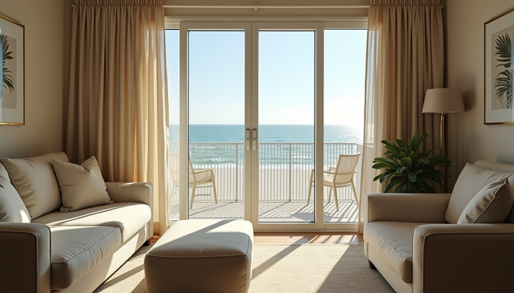 Eye-level view of a cozy beachfront timeshare unit with a balcony overlooking the ocean