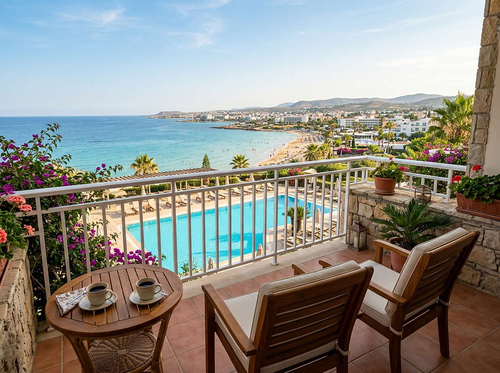 Wide-angle view of a sunny timeshare resort balcony overlooking a pool and coastline
