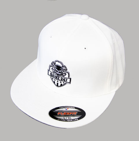 White flat-brim hat with logo